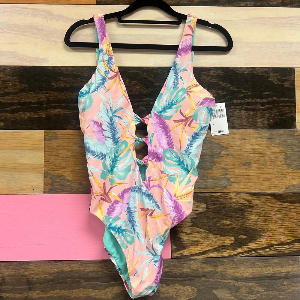 Bar III Floral Plunge One Piece Swimsuit Women's S NWT Tropical
